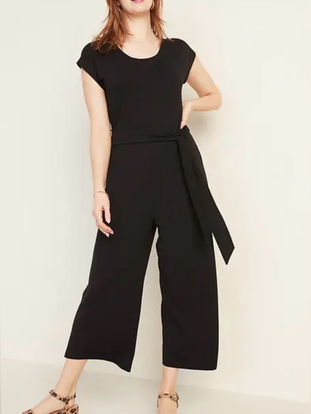 Old Navy Black Cap-Sleeve Wide-Leg Jumpsuit with Waist Tie L